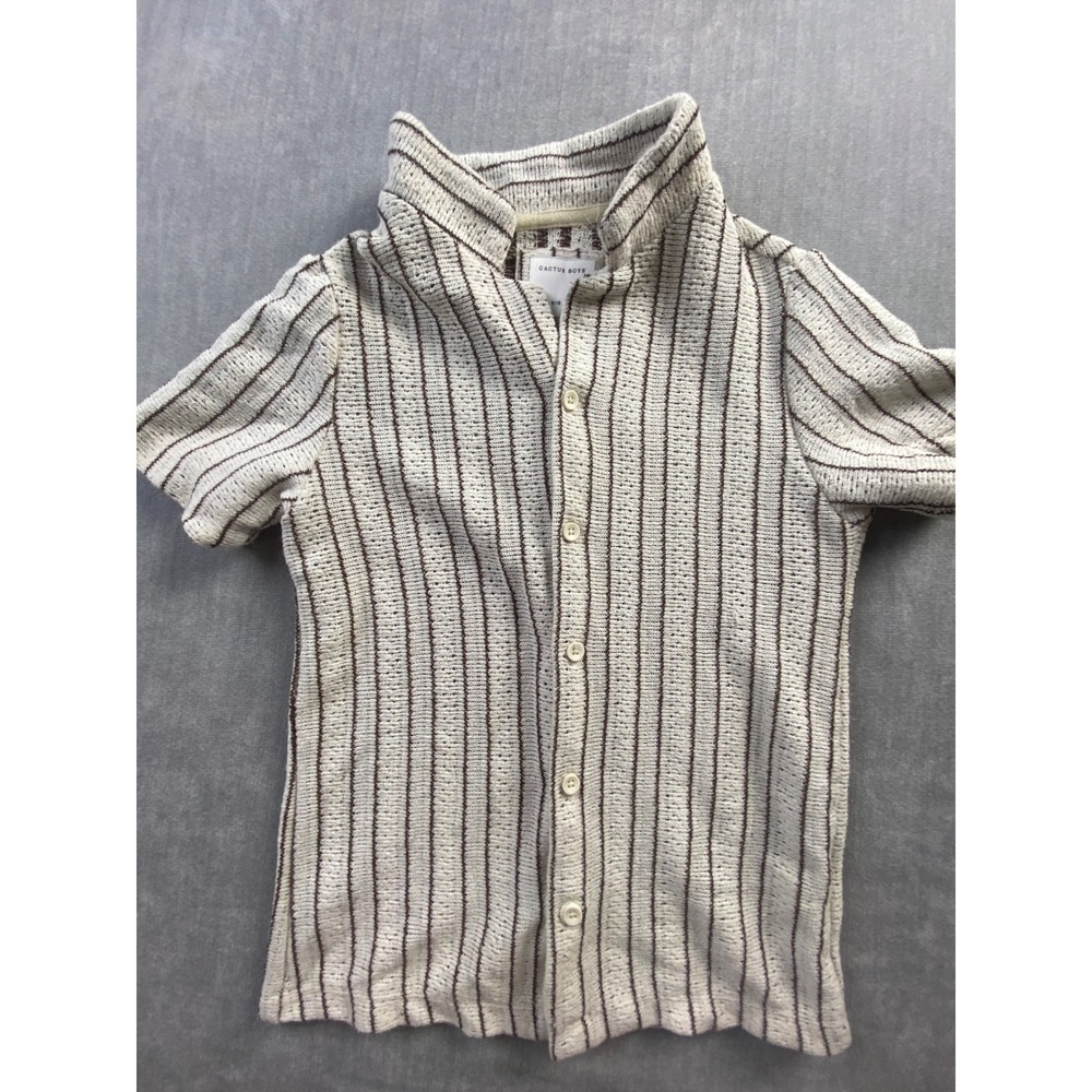 Cactus Boys Cream Brown Striped Knit Button Down Shirt Size 9/10 Short Sleeve